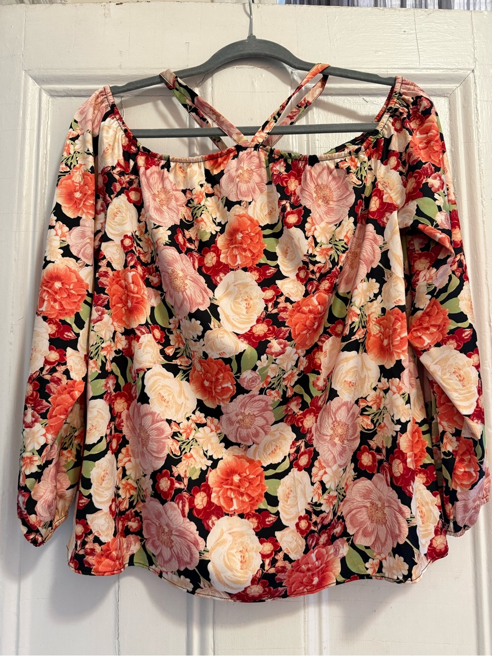 INC size XS  Black Off-Shoulder Floral Top with Pink and Orange Blooms